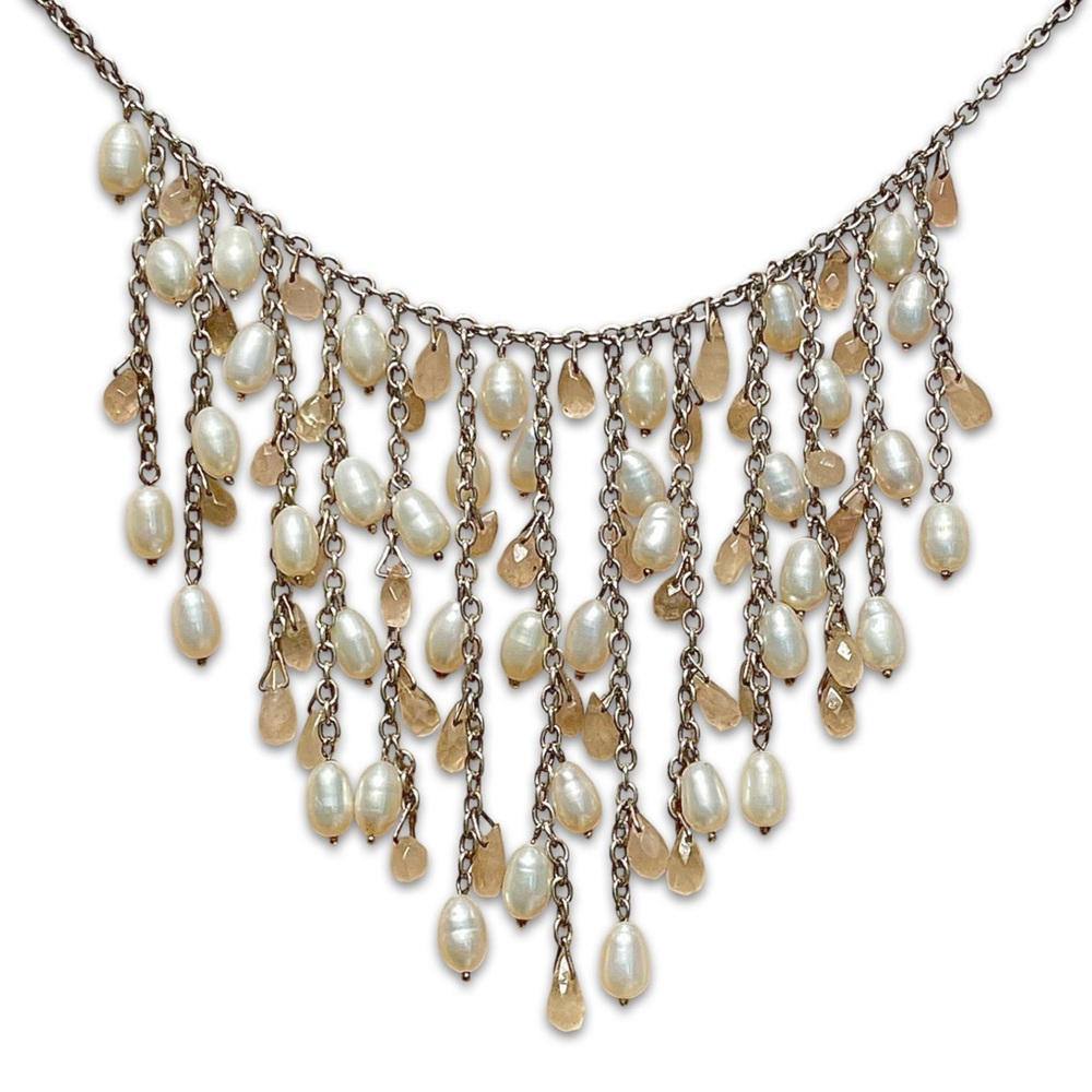Vintage Elegant dangling Pearl , sheer beads and silver chain Necklace